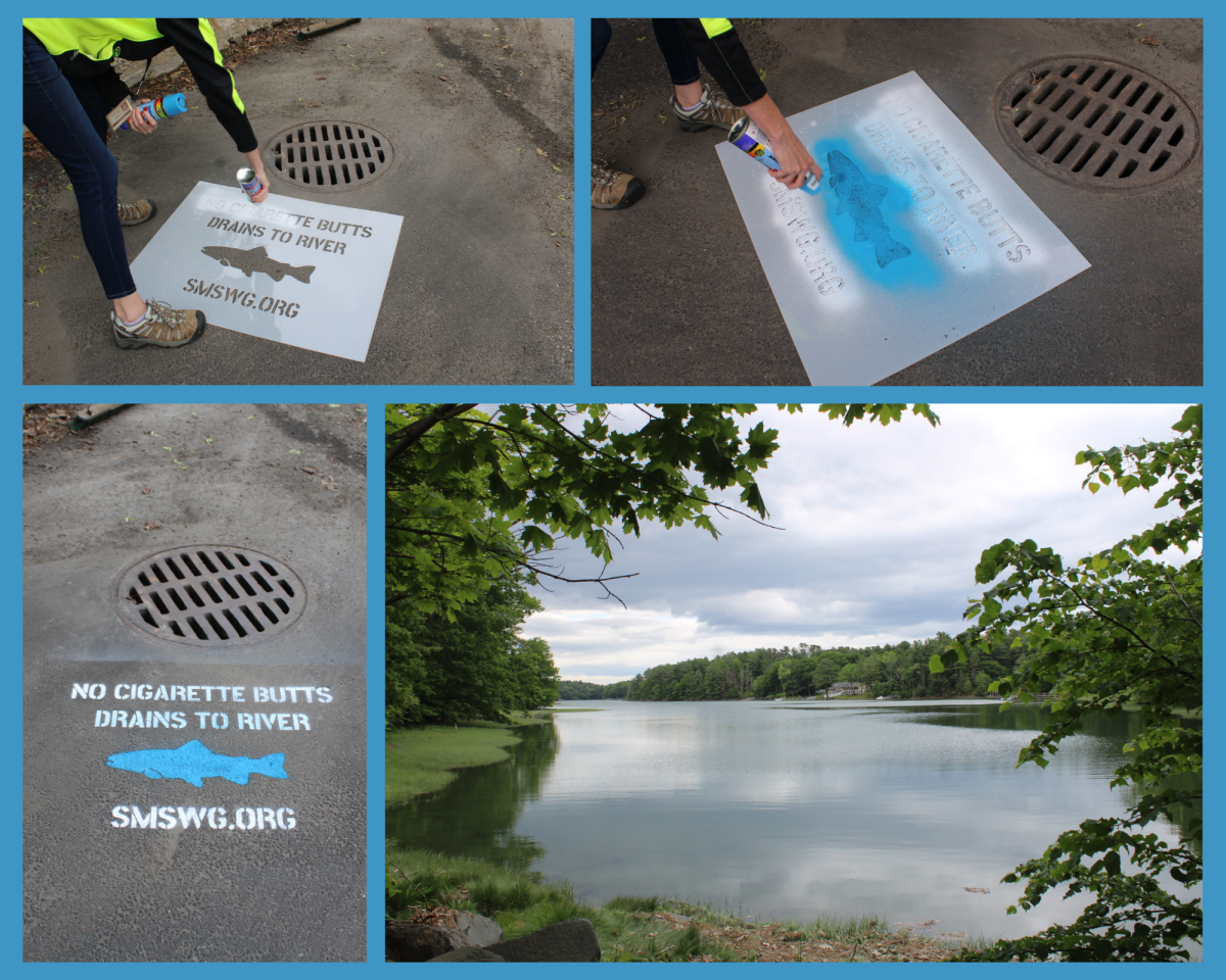 Photograph collage of person stenciling information around storm drains in Kittery
