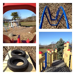 4 small photos of playground elements Tire, swings, other aparatus