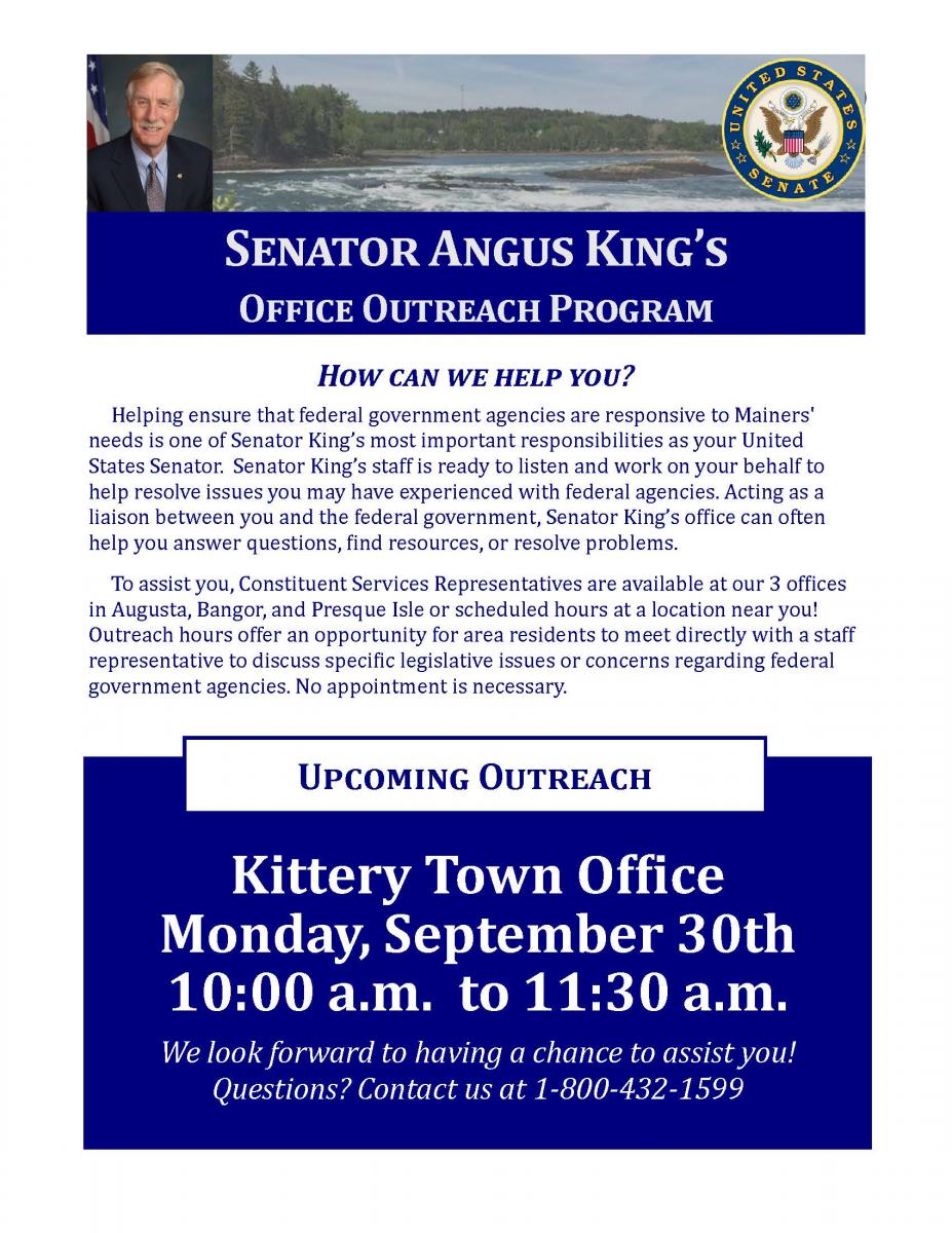 Senator Angus King Outreach Hours Kittery 2019