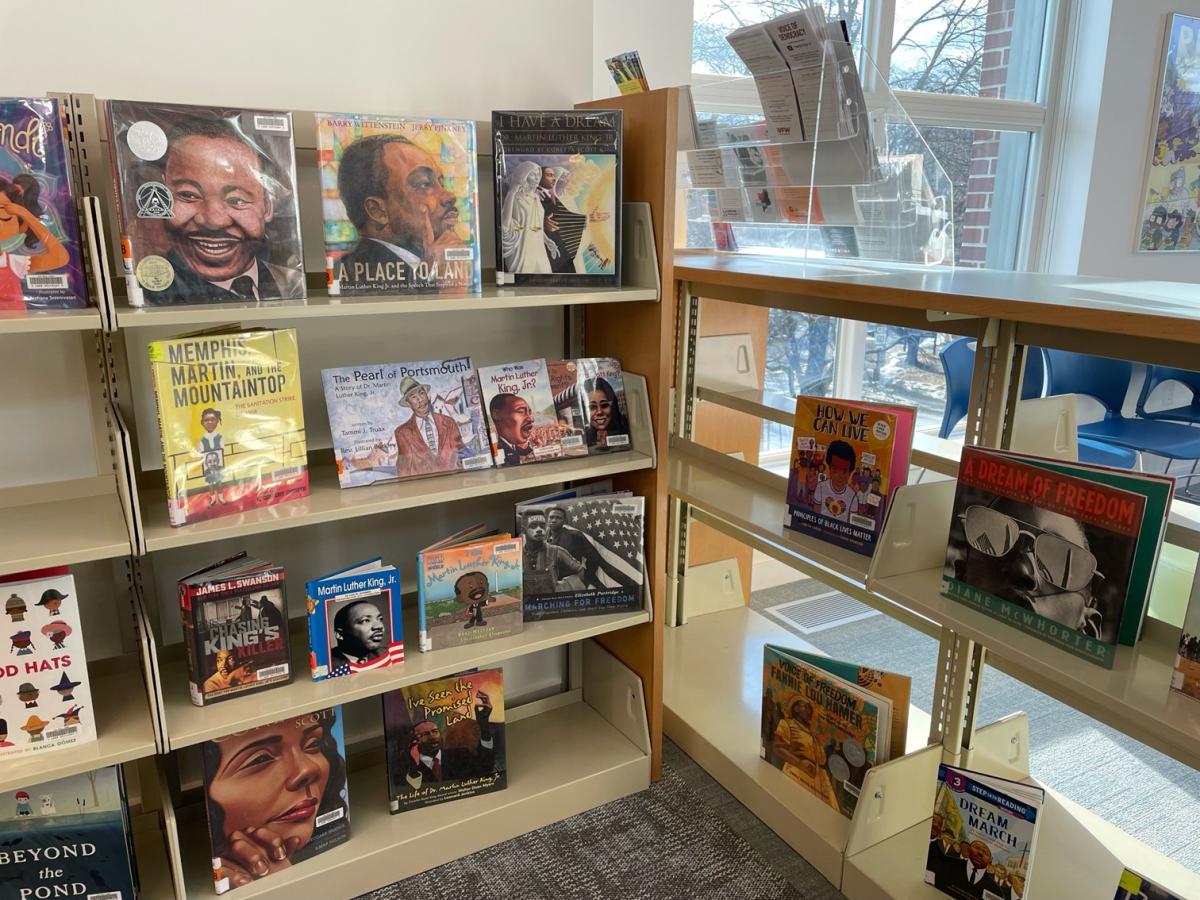 Images of books and stories on display about Martin Luther King Jr.
