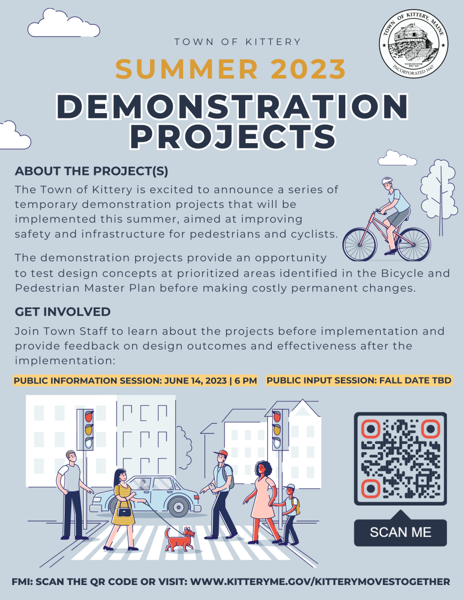 Light blue flyer with illustrations of pedestrians, cyclists and drivers sharing the road with information on the Town of Kittery's Summer 2023 Traffic Demonstration Projects