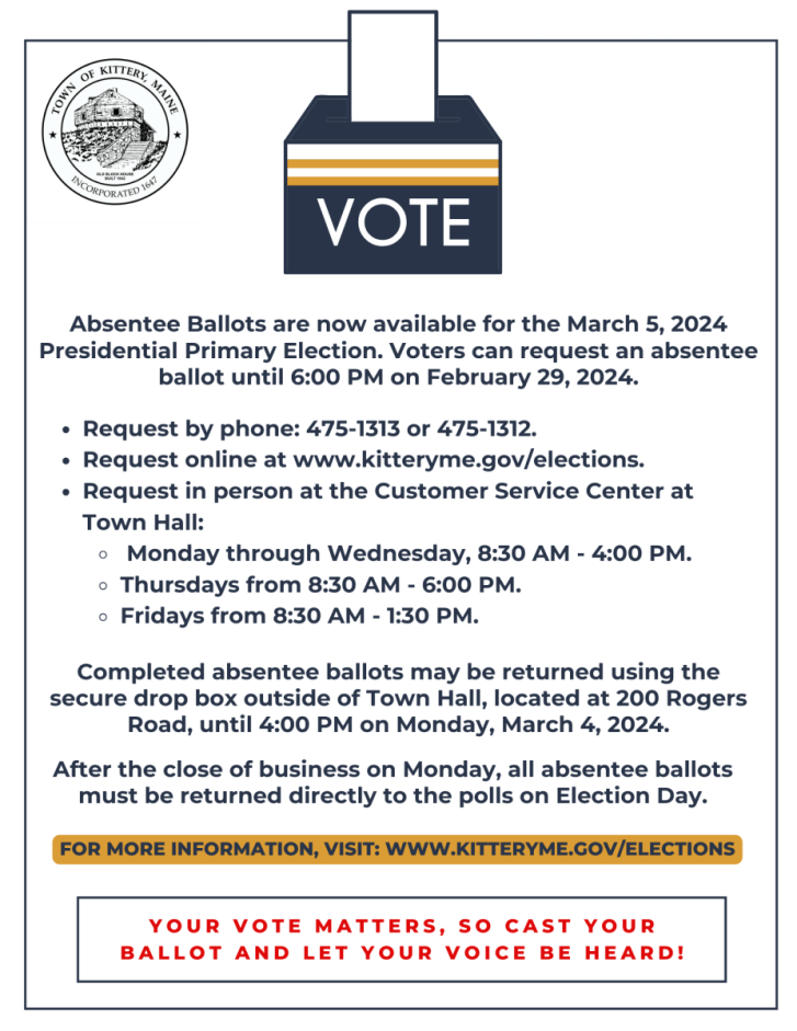 Absentee Ballots Are Available at Town Hall for the March 5, 2024 Presidential Primary Election