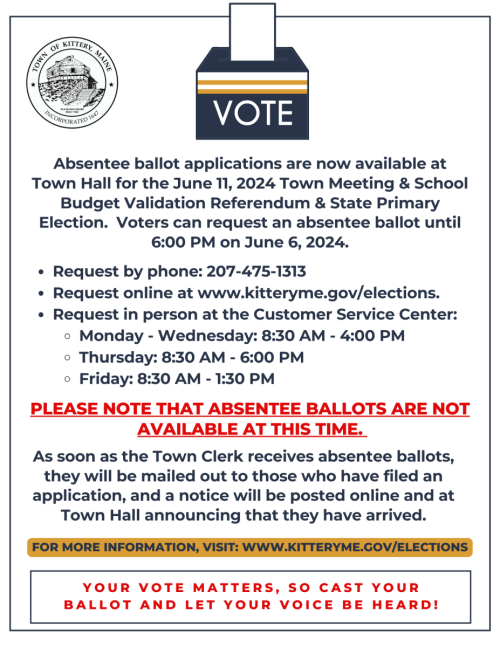 Informational Flyer- Absentee Ballot Applications for the June 11, 2024 Election are Available in Kittery