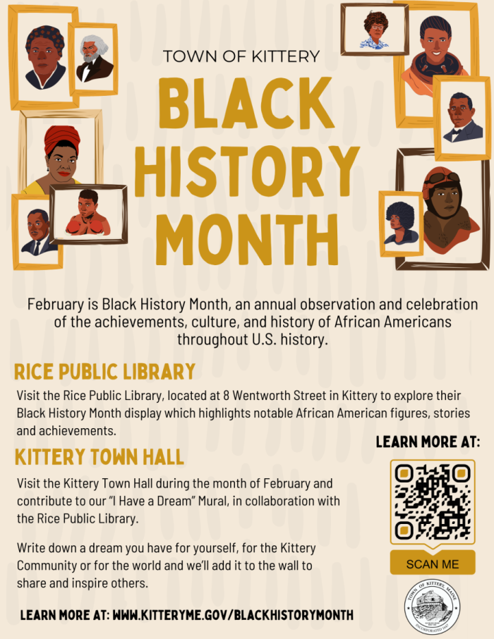 Information about celebrating Black History Month in Kittery with illustrated portraits of notable Black Americans