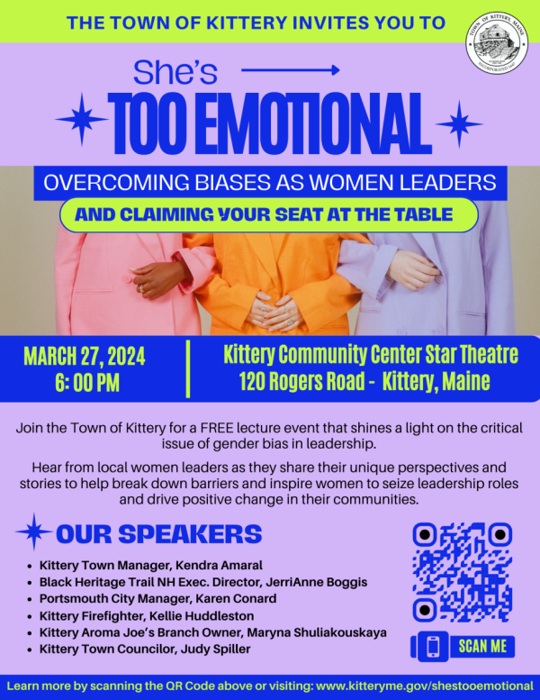 She's Too Emotional Event Flyer in Kittery with Image of women in colorful blazers linking arms