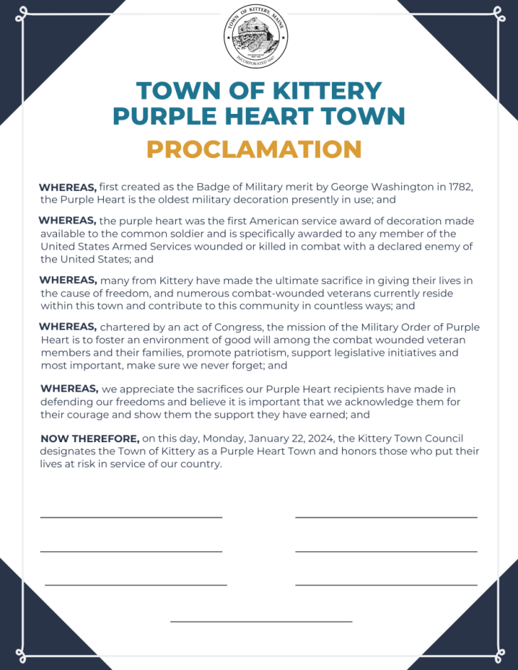 Town of Kittery Purple Heart Town Proclamation