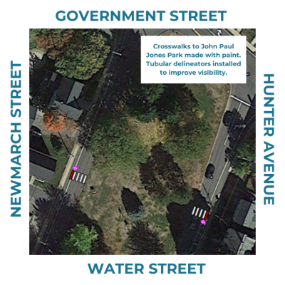 Aerial map of John Paul Jones Park with upcoming temporary traffic demonstration changes including crosswalks to John Paul Jones Park made with paint.