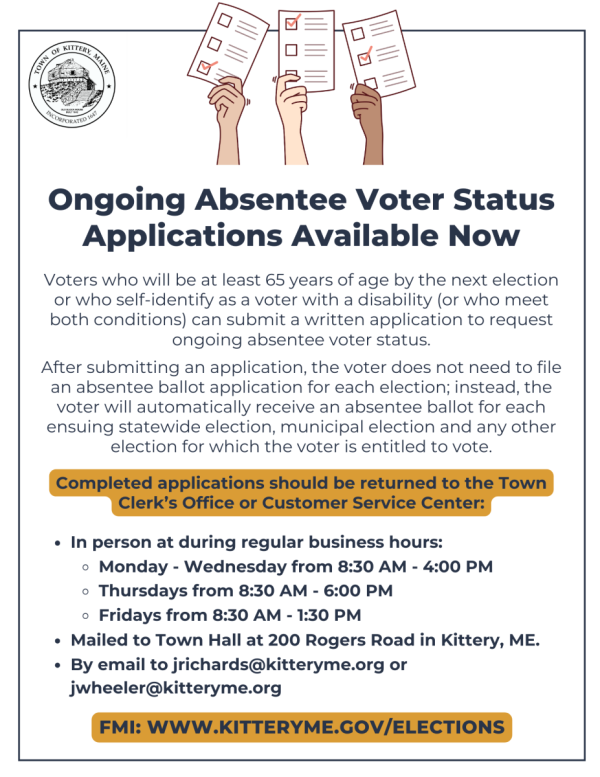 Ongoing Absentee Voter Status Applications Available Now at Town Hall