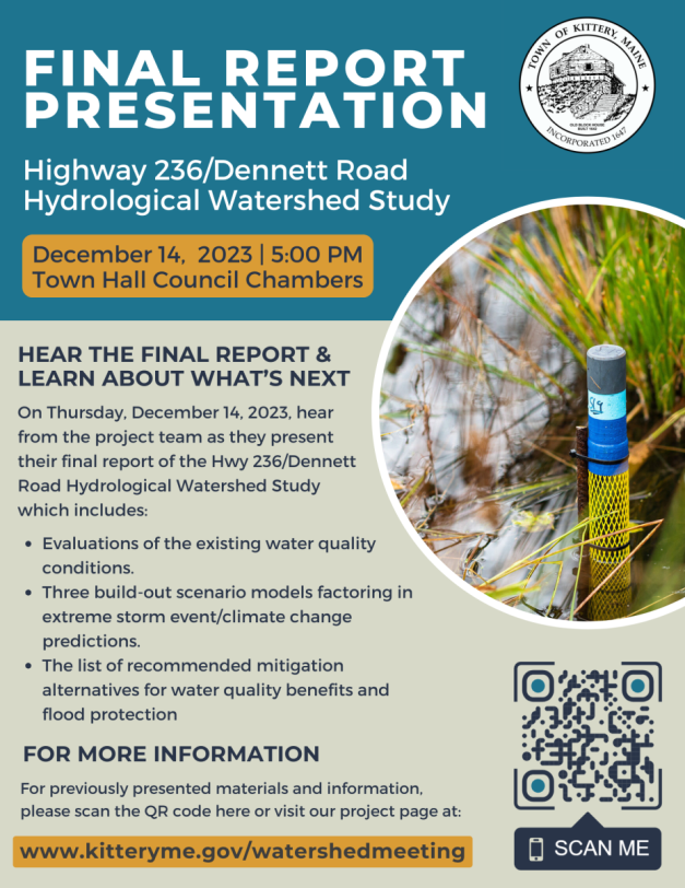 Informational flyer about the Hwy 236/Dennett Road Hydrologic Study Final Report Meeting on December 14, 2023