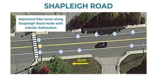 Aerial map of Shapleigh Road showing upcoming temporary traffic demonstration changes including separated bike lanes along Shapleigh Road made with tubular delineators