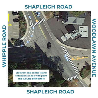 Aerial map view of the intersection at Shapleigh Road, Whipple Road and Woodlawn Avenue showing upcoming temporary traffic demonstration changes that include sidewalk and center island extensions made with paint and tubular delineators.