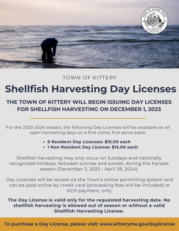 Information about Town of Kittery Day Licenses for Shellfish Harvesting - Available December 1