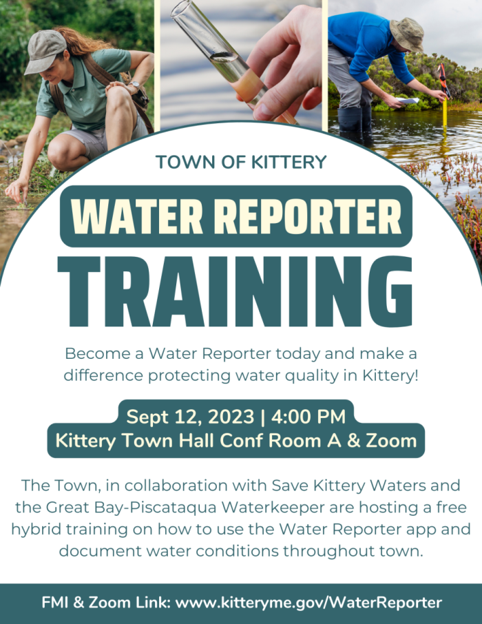 Flyer for Water Reporter Training at Kittery Town Hall on September 12 2023