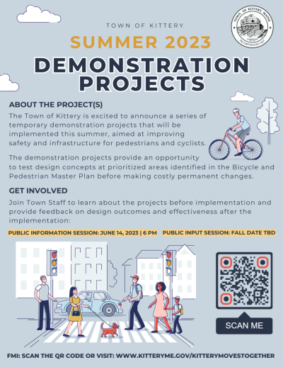 Flyer with pedestrians, cyclists and cars sharing the road with the words Summer 2023 Temporary Traffic Demonstration Projects