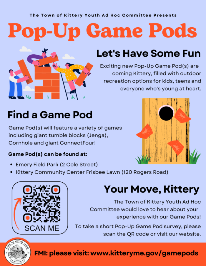 Kittery Pop Up Game Pod Flyer with images of illustrated people playing with giant blocks