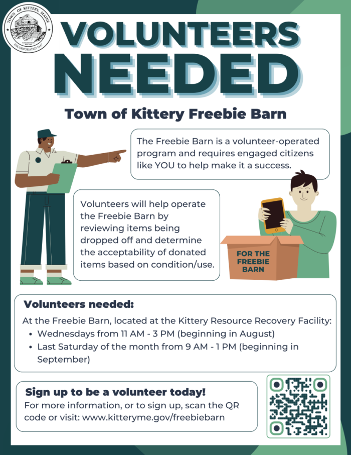 Call for volunteers at the Freebie Barn flyer