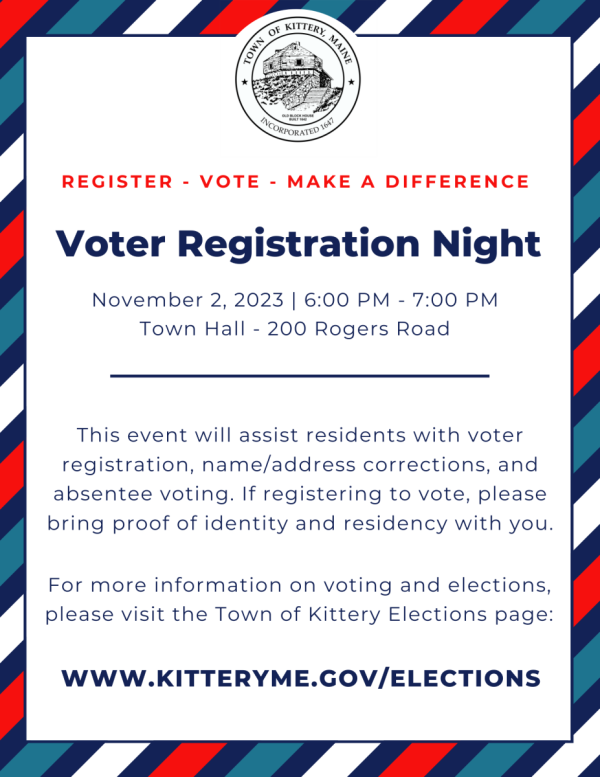 Voter Registration Night Announcement - November 2, 2023 at the Kittery Town Hall