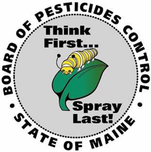 Maine Board of Pesticide Control logo of a yellow caterpillar on a green leaf