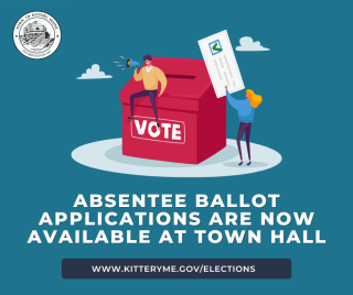 Image of two people putting a ballot in a ballot box with text: absentee ballot applications are available at town hall