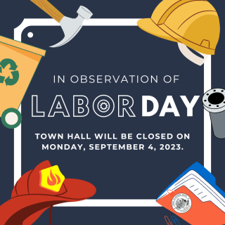 Decorative illustration of various job tools with text: Kittery Town Hall will be closed on Sept 4, 2023