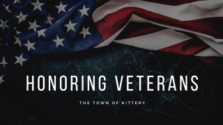 Image of an American flag waving with text: Honoring Veterans