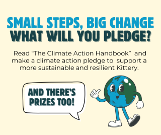 Image of a cartoon earth with word bubble that says "there's prizes too" Kittery Small Steps, Big Change Climate Action Fun