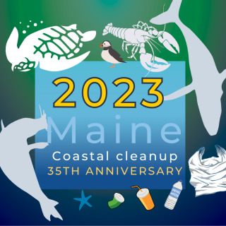 Image of sea life and trash with text: 2023 maine coastal clean-up