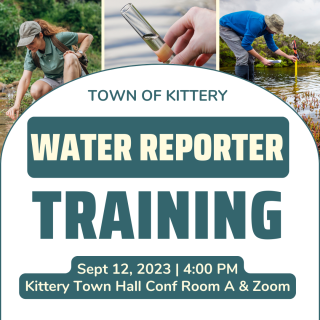 Image of volunteers collecting water samples with information on Water Report Training event at the Town of Kittery in September