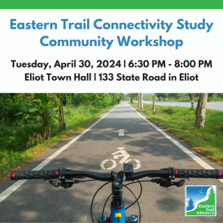 Image of bike handlebars on a bike lane with text: Eastern Trail Connectivity Study Community Workshop on 4/30