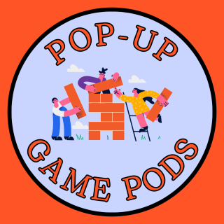 Image of cartoon people playing with large tumble blocks and text: pop up game pod