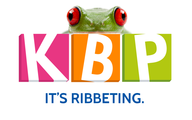 Pink, orange & green Kittery Block Party logo with a green frog peeking out with the words "it's ribbeting"