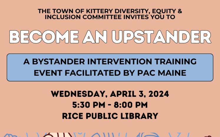 Image of hands in the air and text "Become an Upstander" Kittery Bystander Intervention Training Event on 4/3