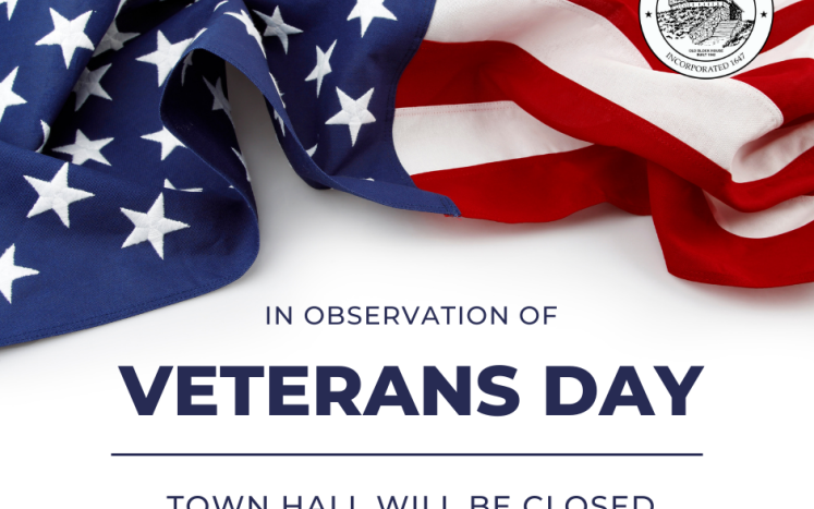 Image of an American Flag with text: Veteran's Day - Kittery Town Hall Closed on Friday