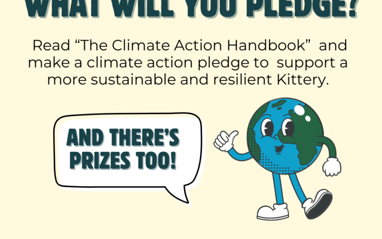 Image of a cartoon earth with word bubble that says "there's prizes too" Kittery Small Steps, Big Change Climate Action Fun