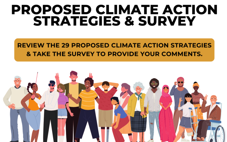 Illustration of diverse group of people with text: proposed climate action strategies and survey