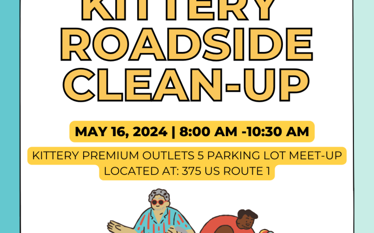Colorful illustration of people picking up trash and text: Kittery Roadside Cleanup