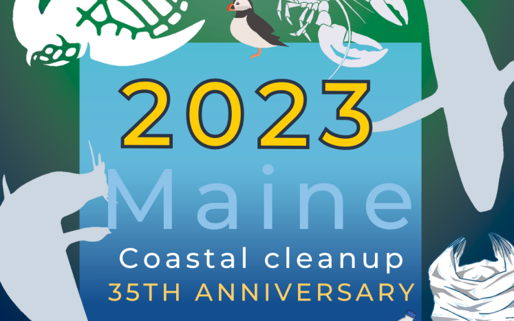 Image of sea life and trash with text: 2023 maine coastal clean-up