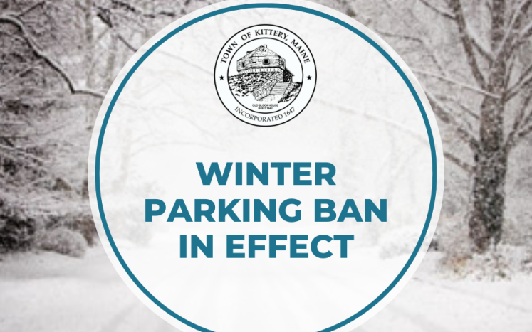 Image of snowy road with text: winter parking ban in effect