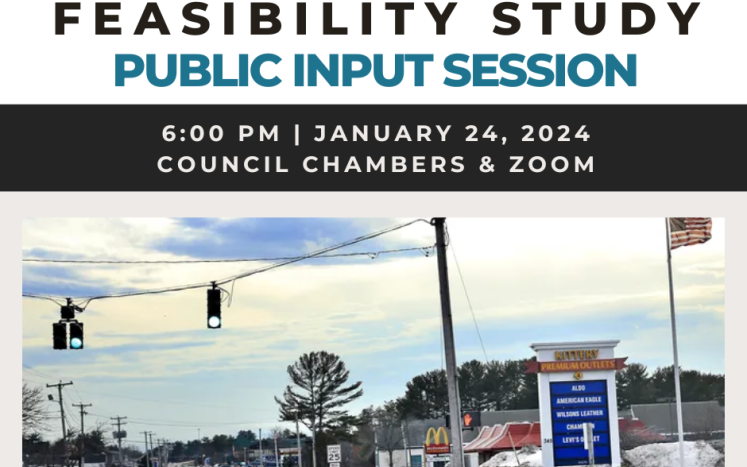 Image of Route 1 intersection in Kittery with text: Route 1 Corridor Feasibility Public Input Session on Jan 24, 2024