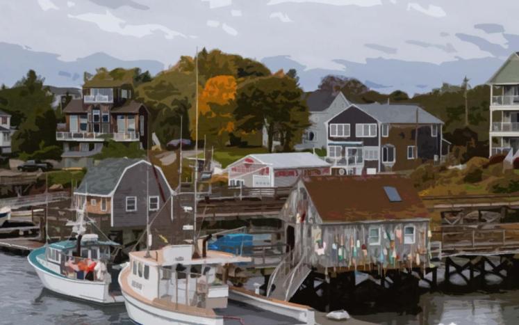image of buildings, homes and boats in Kittery done in a cartoon style