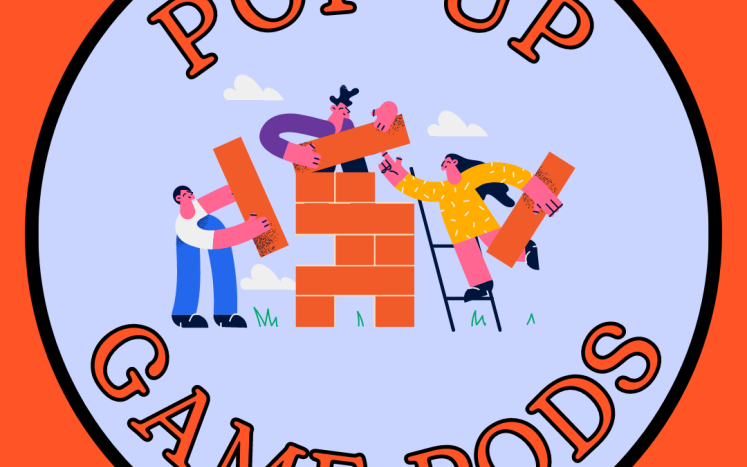 Image of cartoon people playing with large tumble blocks and text: pop up game pod